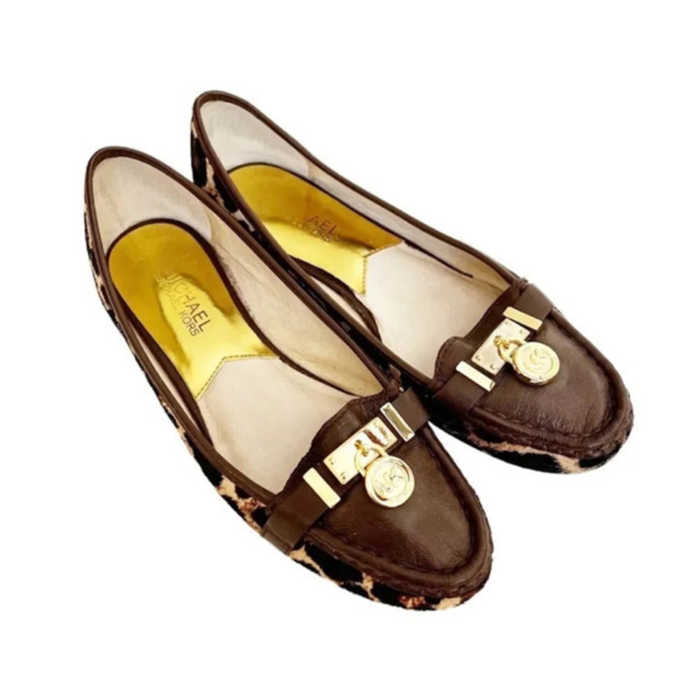 MICHAEL Michael Kors Size 7 Leopard Calf Hair Leather Loafers Logo Hardware MK - Picture 1 of 11